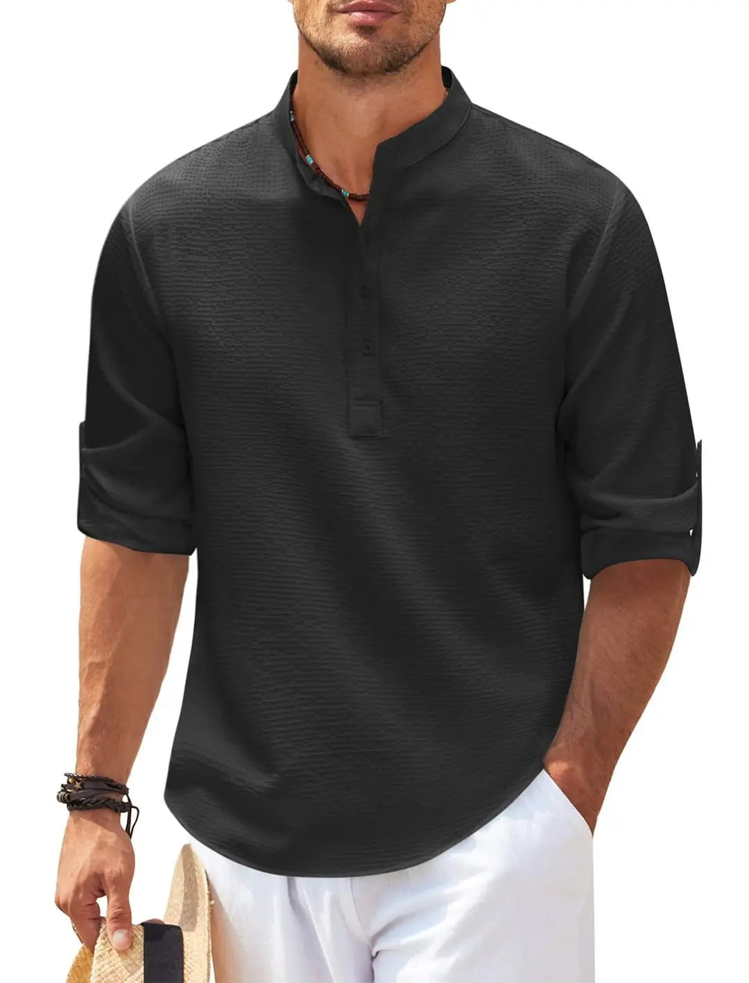 imagem da Camiseta Masculina de Linho Valor da Oron Store em fundo branco. Modelo disponível nas cores bege, branco, preto, azul, cinza e cinza escuro. Camiseta casual com tecido leve e respirável de linho e algodão, ideal para o verão 2025. Roupa masculina versátil, com caimento moderno e design elegante. Disponível nos tamanhos PP ao G3.