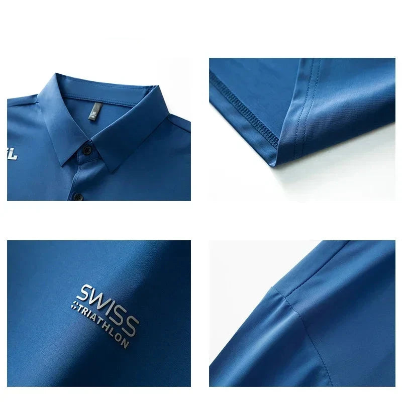 Imagem da Camisa Polo Swiss da Oron Store em fundo branco. Modelo masculino disponível nas cores azul escuro, verde, vinho, azul, verde escuro e preto. Camisa polo confeccionada em seda gelada, com gola tradicional e mangas curtas, proporcionando frescor e toque suave na pele. Ideal para o verão 2025, disponível nos tamanhos P ao G1. Moda masculina casual e sofisticada.