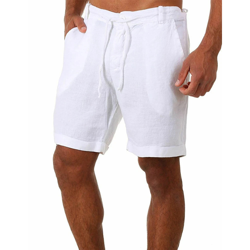 Bermuda Masculina de Linho Pure da Oron Store em fundo branco. Modelo casual disponível nas cores bege, branco, preto, cinza, azul e azul claro. Bermuda leve para verão 2025, confeccionada em linho e algodão com caimento confortável. Design moderno com cintura média e ajuste perfeito para adultos. Roupa masculina ideal para dias quentes, passeios ou looks urbanos.